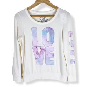 CHASER Graphic Print‎ Love Sweatshirt Size S Ivory Cream Knit Pullover